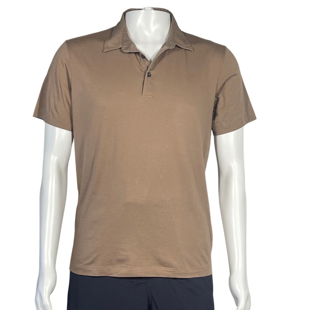 Theory Mens Medium Brown Polo Shirt Pima Cotton Short Sleeve Designer Minimalist